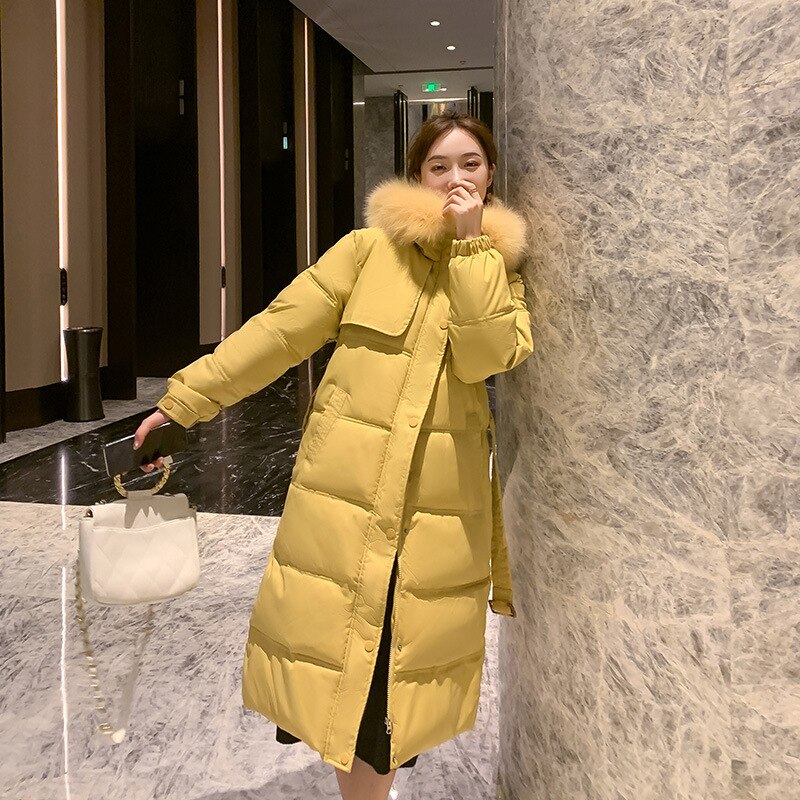 Women Long Belted Winter Jacket Hooded Fur Collar Detachable Windproof Down Jacket Oversize Cotton padded Parkas Outwear Coat: yellow / M