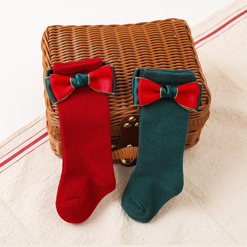 0-3T 2 Pairs Baby Kids Christmas Baby Girl Socks calzini con nodo a fiocco calzini per bambini calze verdi rosse: bow tie / L 2-3 years old
