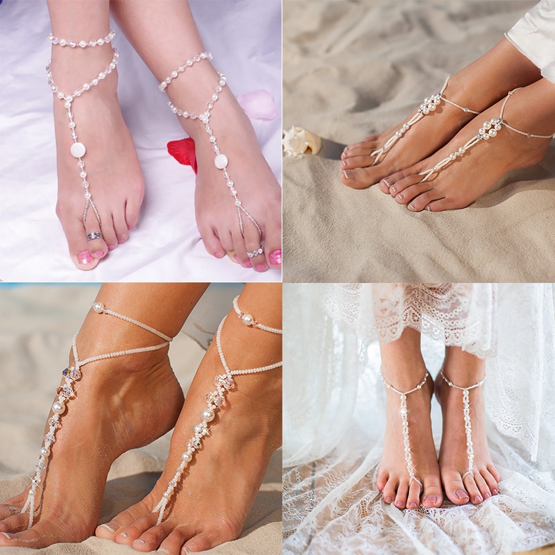 1 PC Braut Barfuß Sandalen Simulierte Perle MultiLayer Fußkettchen Hochzeit Strand Fuß Schmuck Schmuck