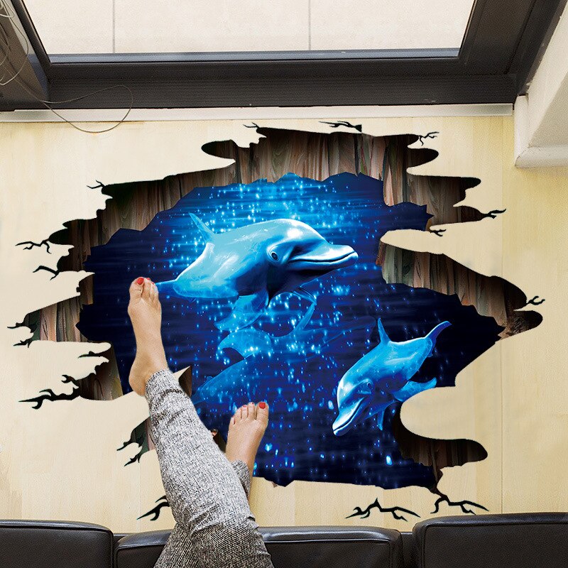 3D Dark Blue Dream Dolphin Floor Sticker Bathroom Living Room Floor Decoration Mural Wall Stickers Home Decor Decals Wallpaper