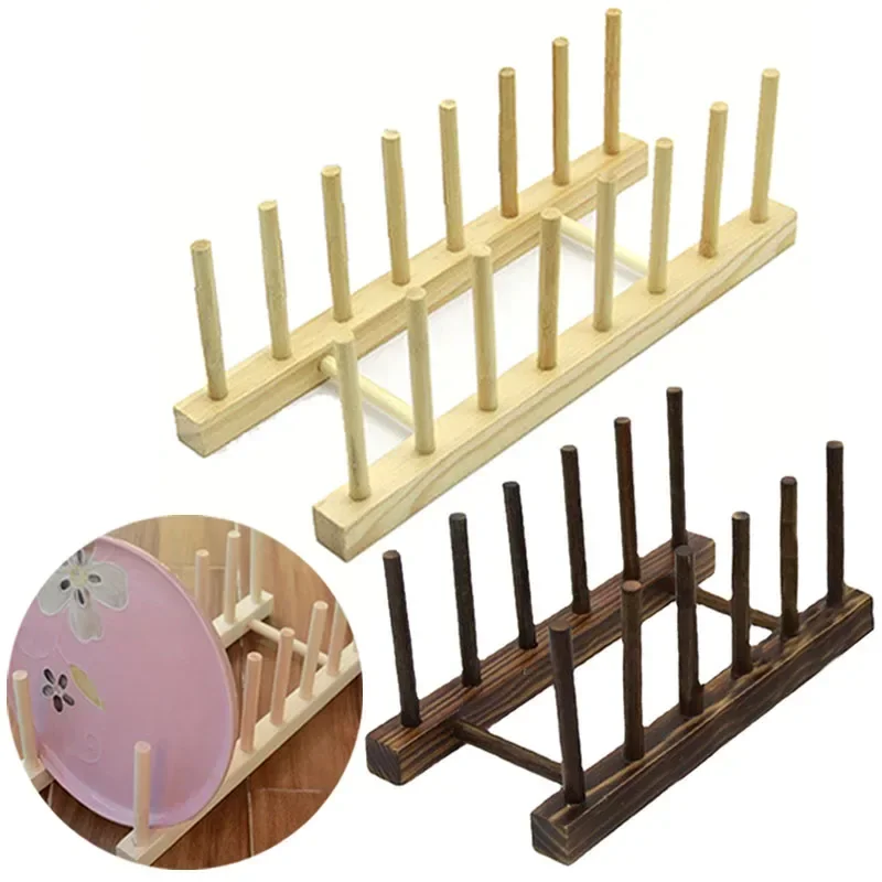 Wooden Dish Drainer Rack Kitchen Dishes Stand Plate Dish Drying Racks Pot Lid Racks Kitchen Organizer Drying Cups Display Shelf
