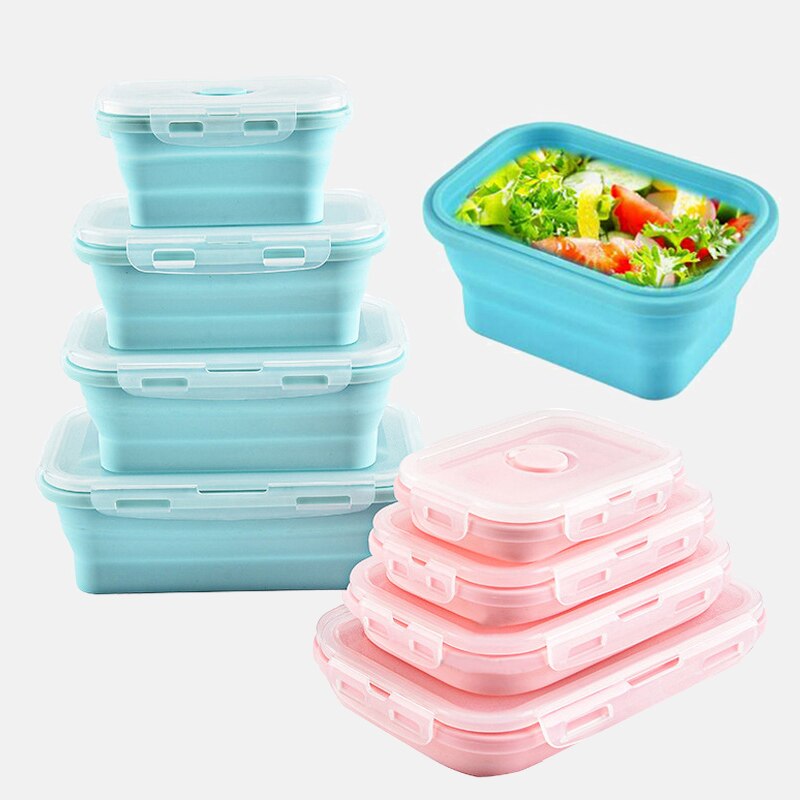 Portable Collapsible Silicone Lunch Box for Kids Food Storage Container Bento Free Microwavable Picnic Camping Rectangle Outdoor