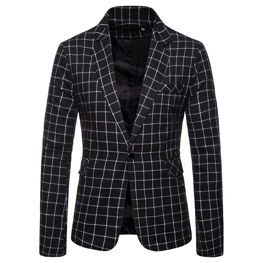 Stylish Male Blazer Suit Jacket Business Casual Single Button Blazer For Men Regular Abrigo Hombre Men Plaid Blazer: black / XXL