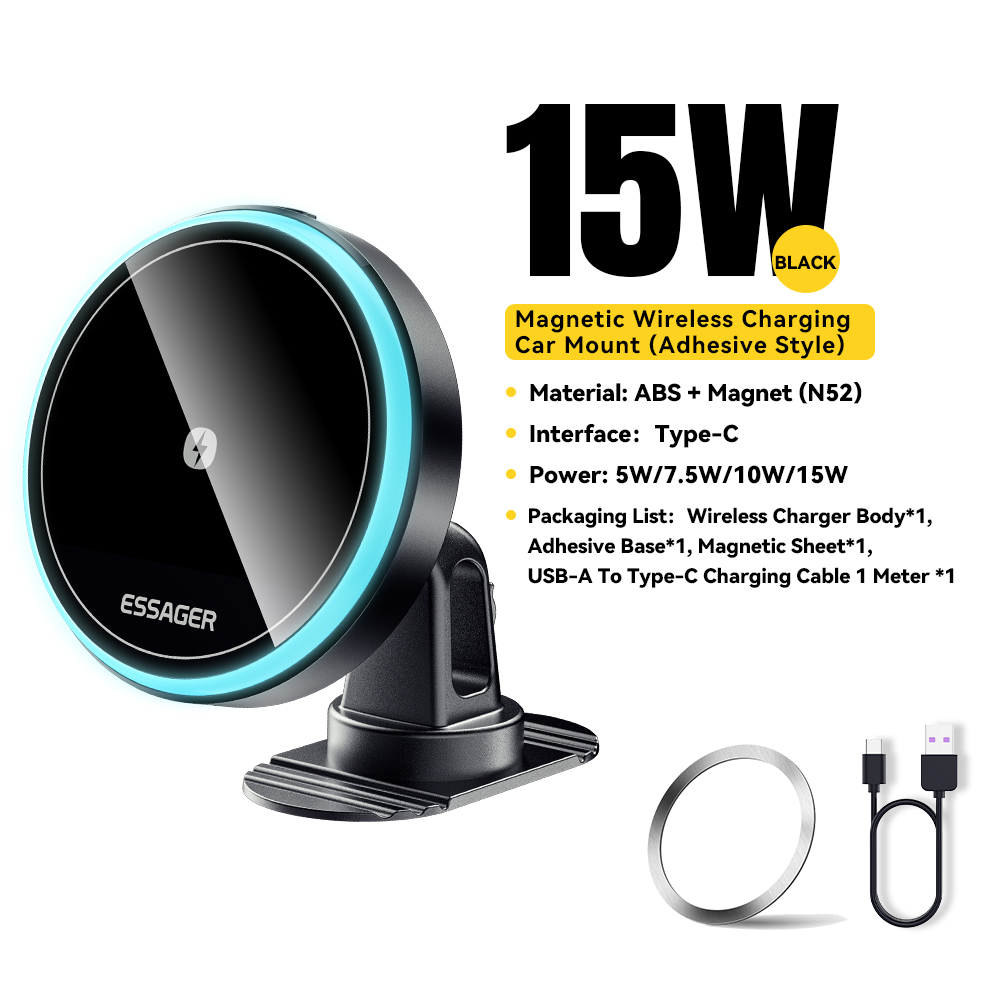 Magnetyczny uchwyt samochodowy Essager na telefon 15W Bezprzewodowa ładowarka do iPhone'a 15 14 13 Pro Max Ładowarka samochodowa do Magsafe LED Light: Black