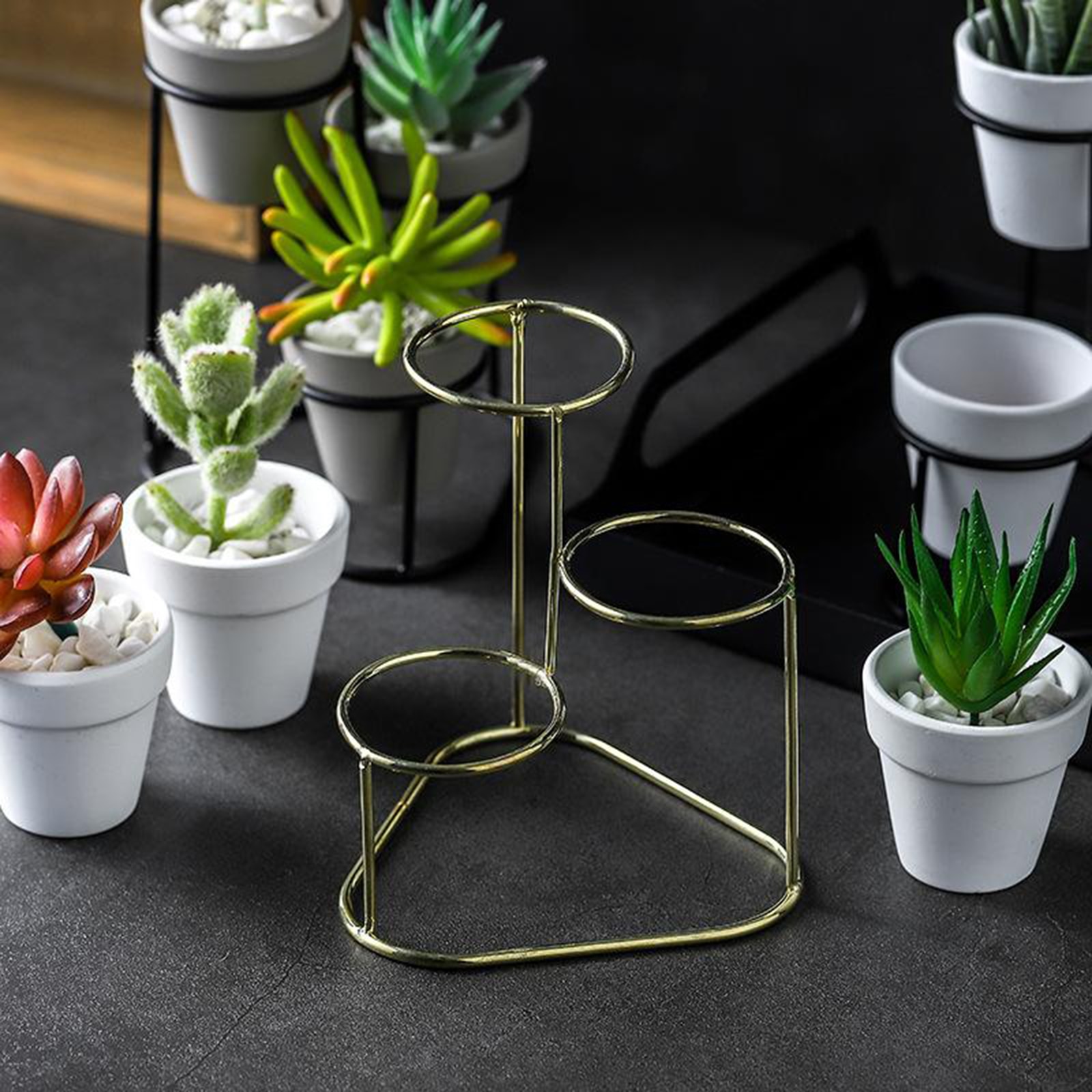 3Stck Mini Keramik Sukkulente Topf Blumentopf Pflanzer Metall Ständer einstellen Anzeige für Heimat Garten Liefert