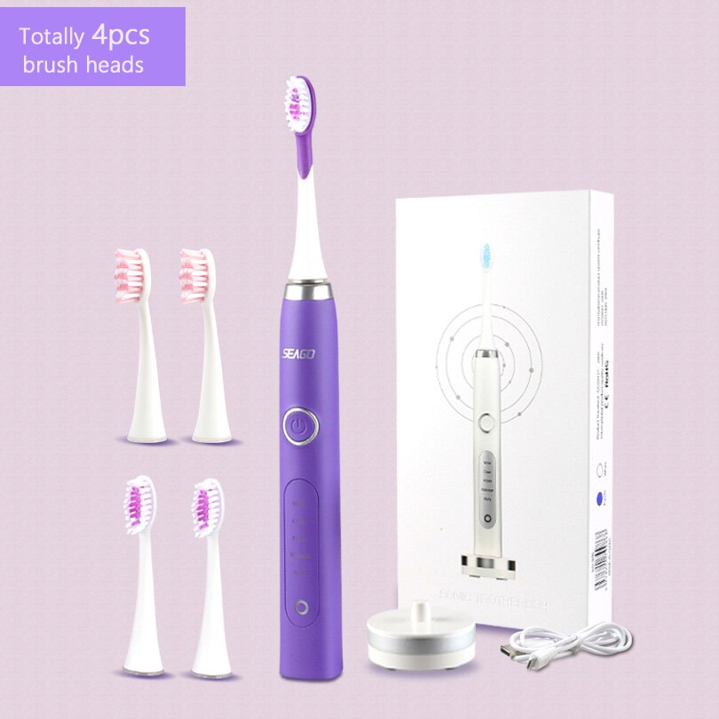 SEAGO Electric Rechargeable Toothbrush 5 Brushing Mode Dental Electric Brush Sonic Tooth Brush Whiten Teeth Automatic Toothbrush: Purple 4 heads
