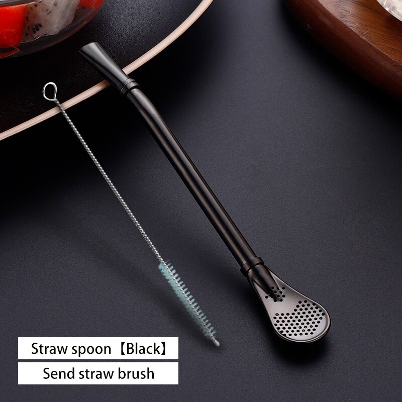 VandHome-pajita para beber, cuchara de acero inoxidable para bebidas, pajilla reutilizable, filtro de paja de té Mate, accesorios para Bar y: Black