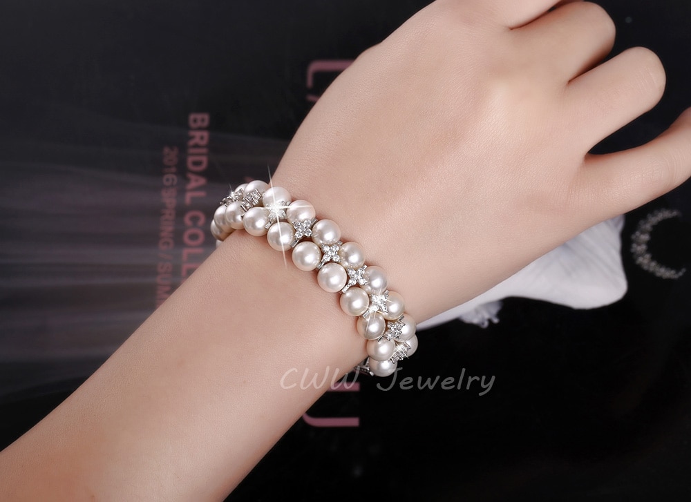 CWWZircons Handmade Wedding Pearl Jewelry Double Rows Cubic Zirconia Setting Big Bridal Bracelets Bangle for Women CB157