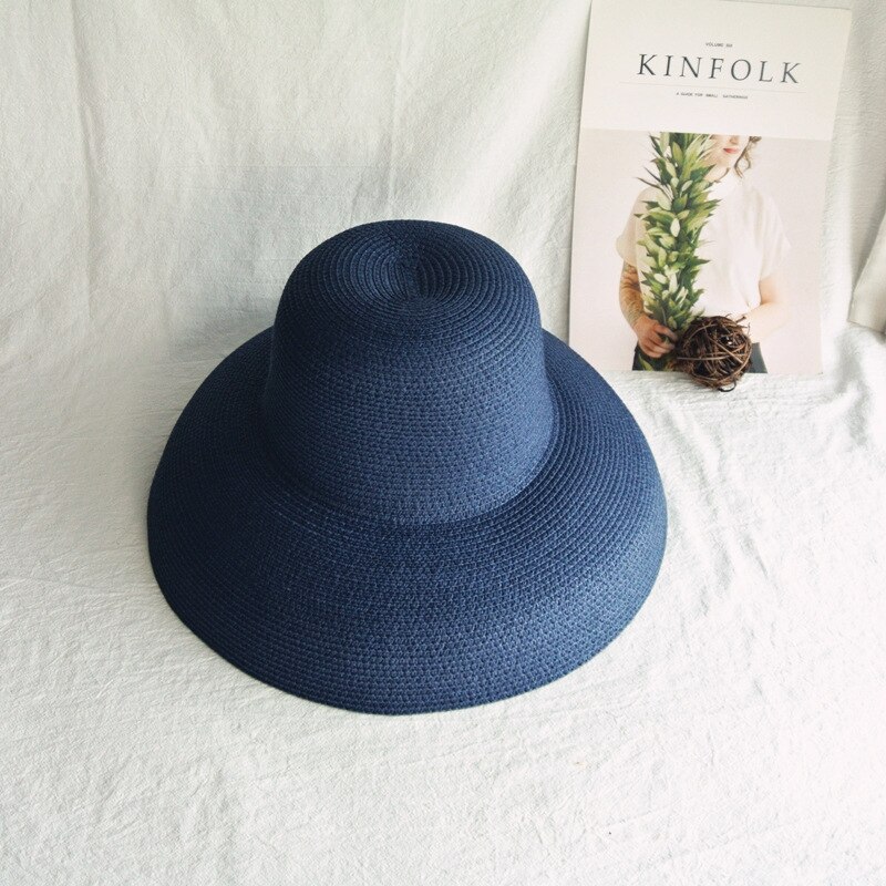 Sombrero parasol Vintage para señora, Color puro, estilo Hepburn, vacaciones 56-58CM, temperamento , de verano, sombrero de paja de: Navy