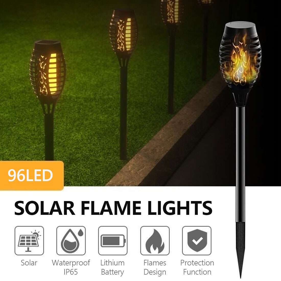4Pcs 96 LED Solar Flame Lamp Flickering Waterproof Garden Flicker Lights Landscape Decoration Lawn Light Torch Outdoor Spotlight