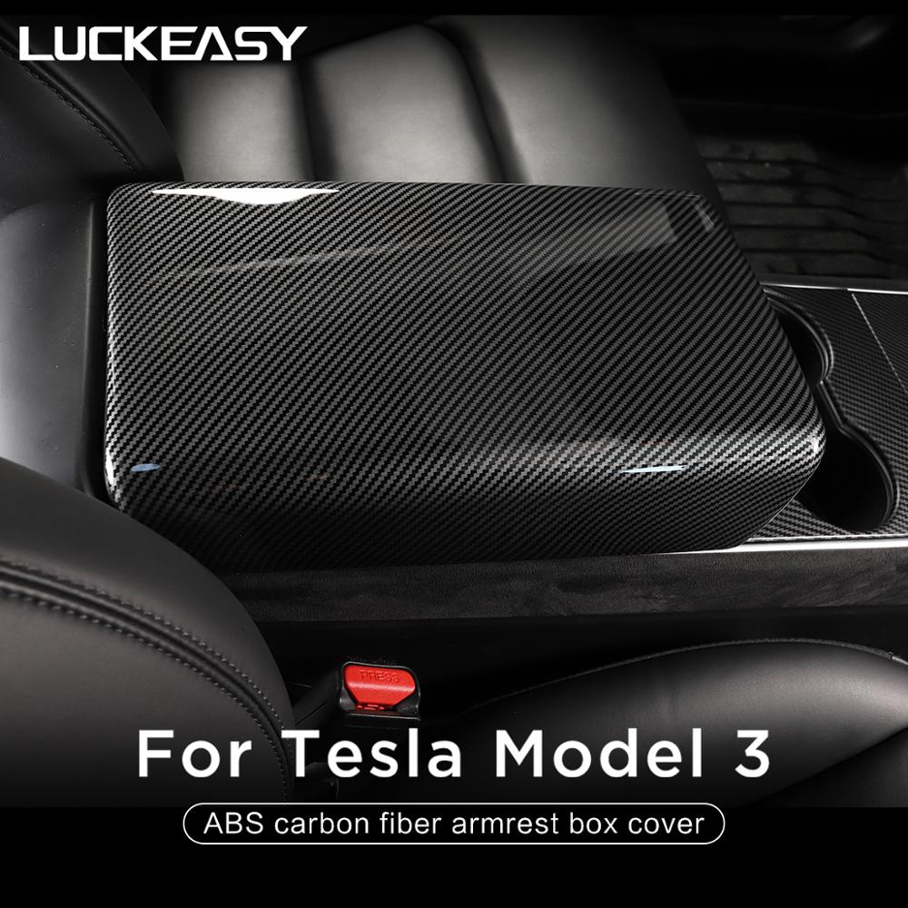 LUCKEASY Car Interior Accessories For tesla model 3 ABS carbon fiber armrest box cover