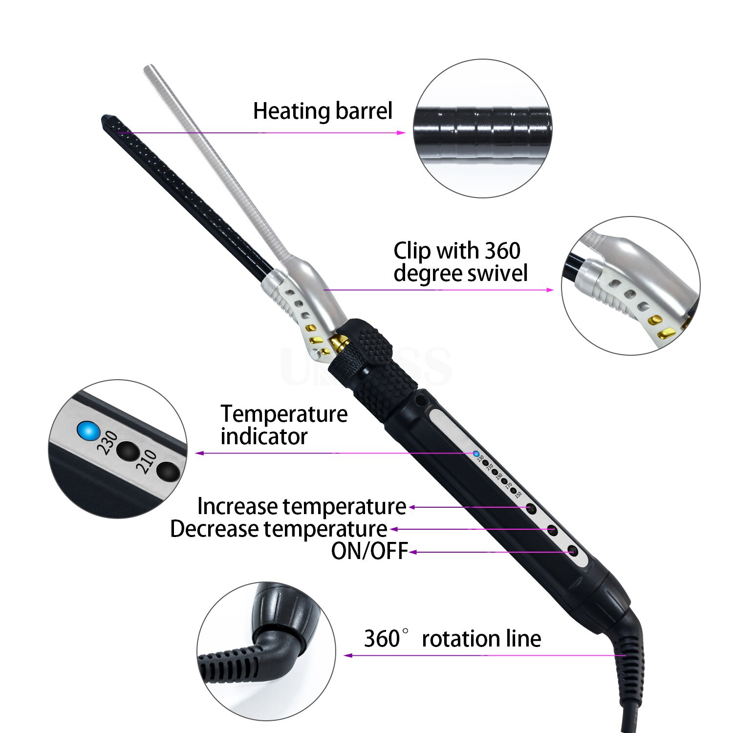 Rizador giratorio pequeño de 1/4 pulgadas para hombres, barril de rizador giratorio de 7mm, varita fina, rizador de pelo Tinny para cabello corto, rizador de pelo de cerámica