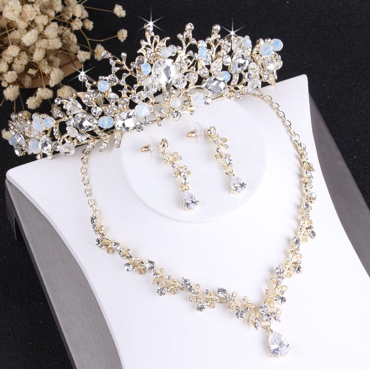 Kristall brudsmycken set vintage guld bröllop smycken tiara barock ädla halsband örhängen för brud hår prydnader: 3 st smycken set