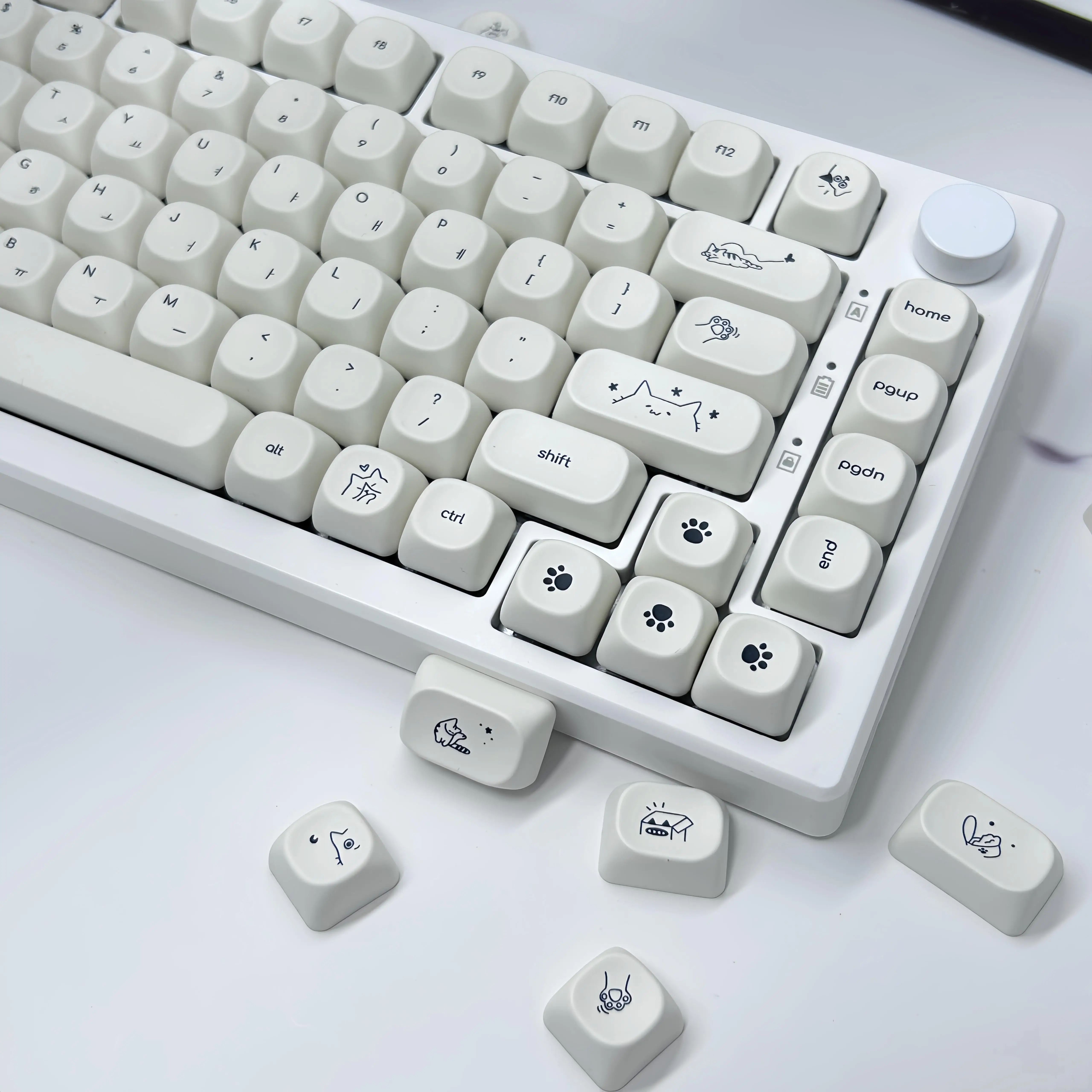 Korean Keycap Cute Cat Theme Round Key Cap MOA Profile PBT Thermal Sublimation Milk White Hangul Keycaps for Mechanical Keyboard