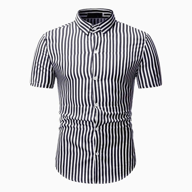 Casual skjorta herr randigt tryck slim fit topp manliga festklänning kortärmade skjortor sommar: Svart 1801-tw25-p18 / M