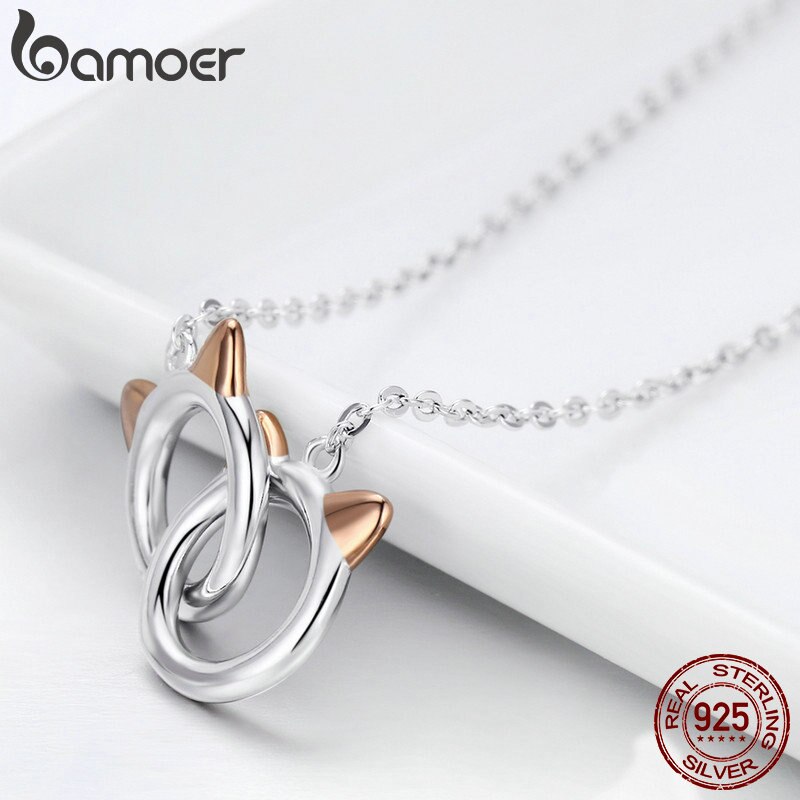 BAMOER-colgante de plata de primera ley con forma de esposas para mujer, collar, Gato, plata esterlina 925, Animal lindo, SCN252