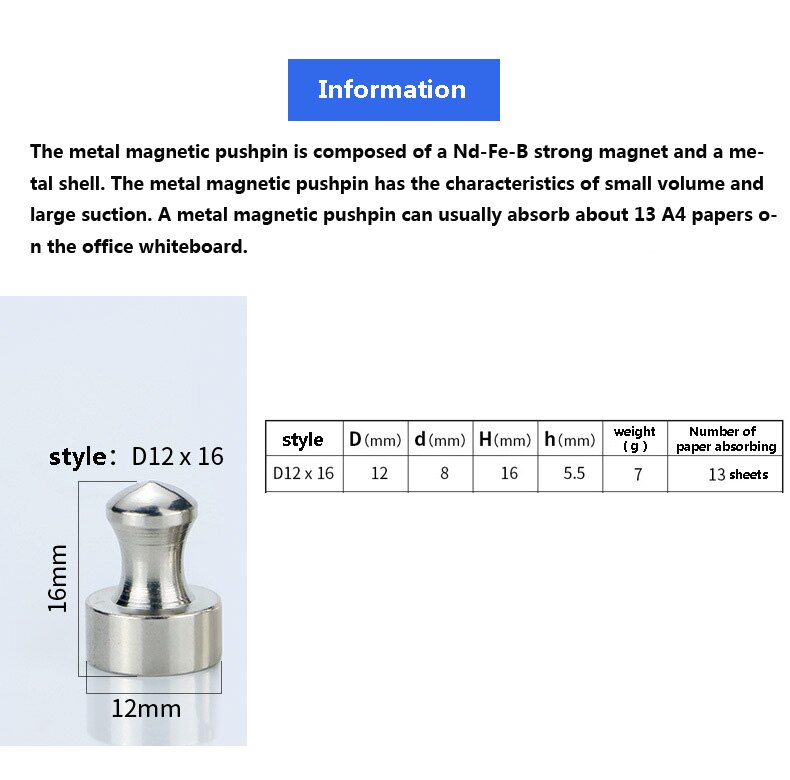 12 Stuks Magneet Pinboard Kantoor Punaise Push Pin Sterke Neodymium Magneten Kegels Magneten Super Schaken Magnetische Push Pins D12 * 16