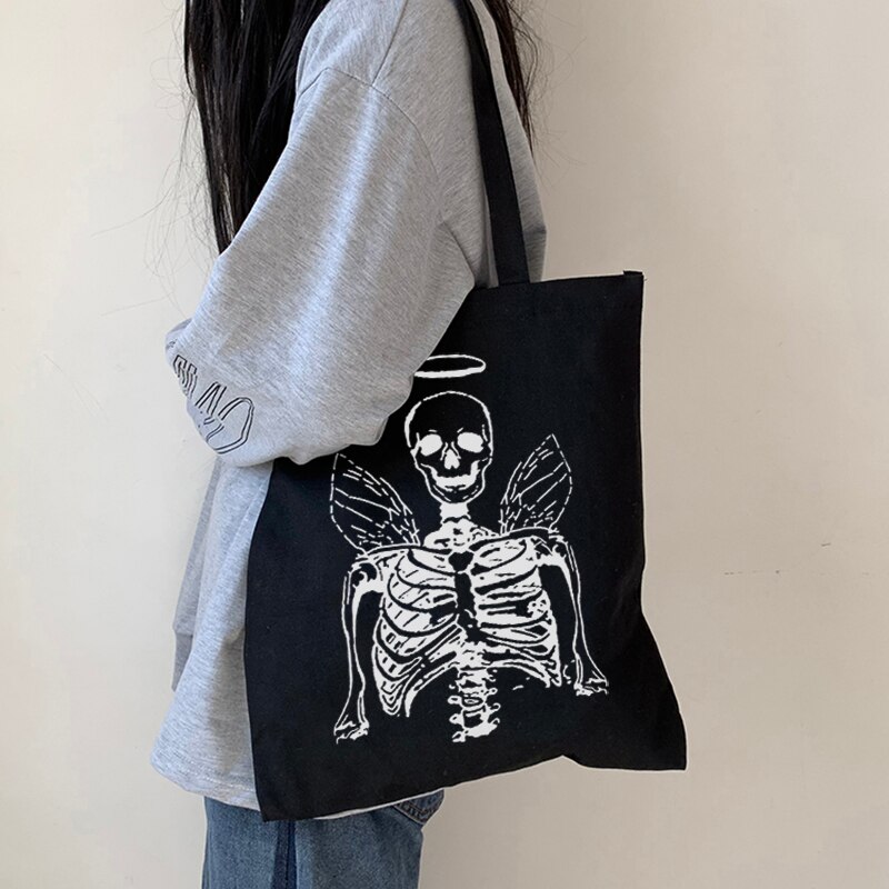 Grunge dragon letter women Y2K borsa a tracolla borsa in tela con stampa teschio gotico casual hip-hop High street borsa shopper di grande capacità