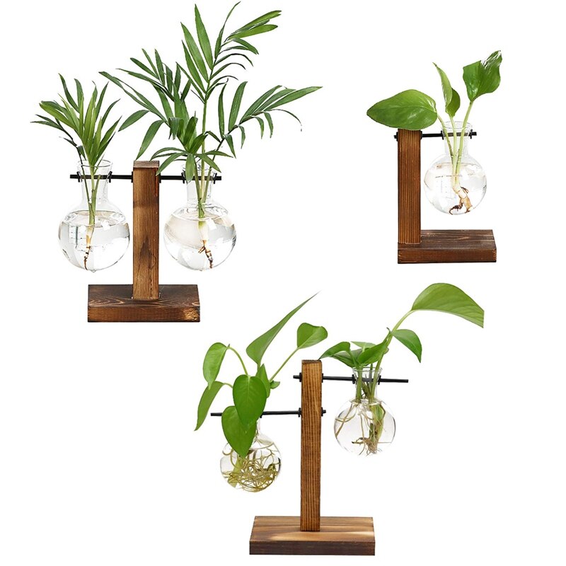 Eenvoudige en glazen flesvaas, houten standaard, hydrocultuurvaas, groene plant, kleine vaas, bureaudecoratie, scandinavische vaas