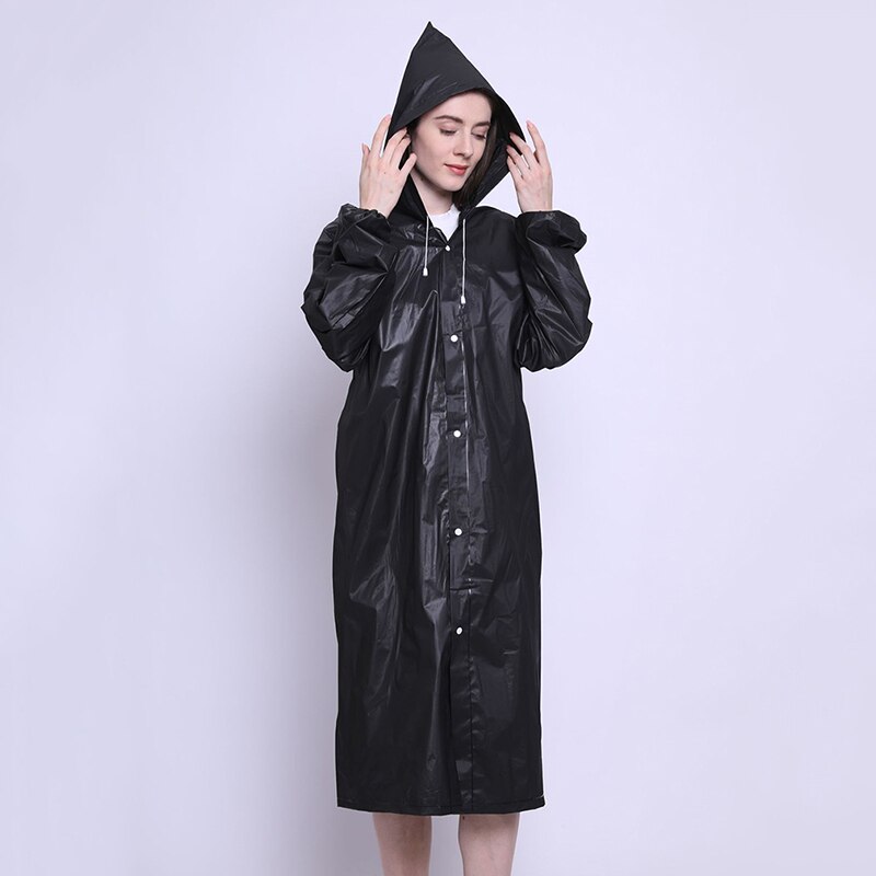 PEVA Women Man Raincoat Adult Clear Transparent Camping Rainwear Suit Waterproof Rain Poncho Coat: Black