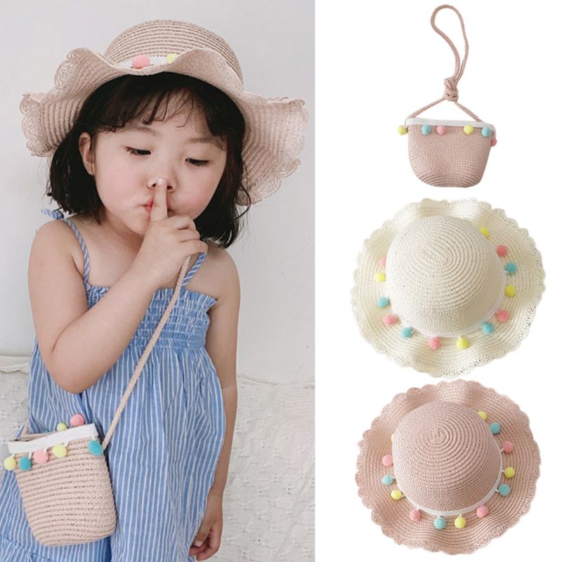 Kids Girls Large Wide Brim Straw Woven Sun Protection Beach Hat Colorful Pompom Ball Summer Floppy Bucket Cap Portable Handbag