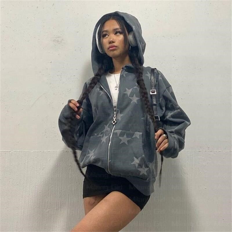 Sweat à capuche zippé à manches longues pour hommes et femmes, veste surdimensionnée, pull Emo, streetwear Y2K, vintage, graphique star, fée grunge