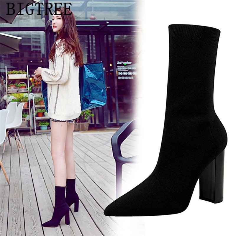 Bigtree Schoenen Vrouwen Enkellaarsjes Breien Schoenen Vrouw Sokken Laarzen Schoenen Botas Mujer Invierno Dikke Hak Hakken Buty