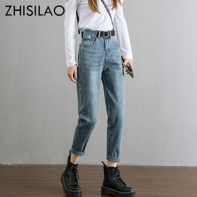 Harem jeans med hög midja dam vintage rak pojkvän mamma jeans mujer retro jeansbyxor blå svarta jeans casual