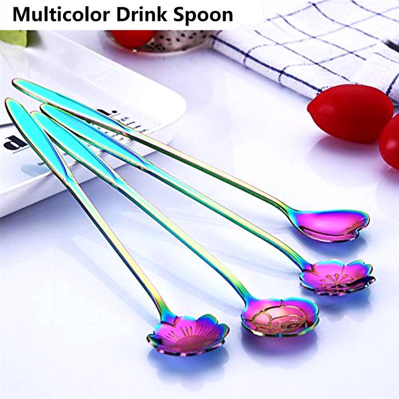 9pcs Stainless Steel Flower Shape Scoop Beverage Stirring Mixing Spoon with Handle Fruit Scoop Kitchen Dinnerware Coffeeware