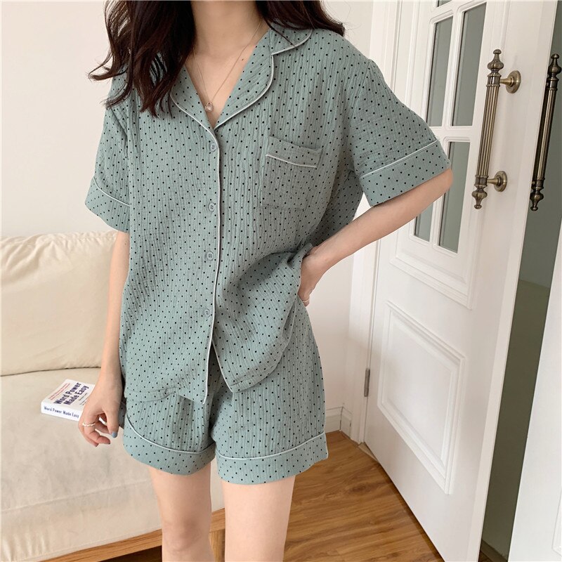 polka dot cotton summer pajamas set women sleepwear short sleeve shirts pyjamas shorts home clothes 2 piece set soft suit Y373: green