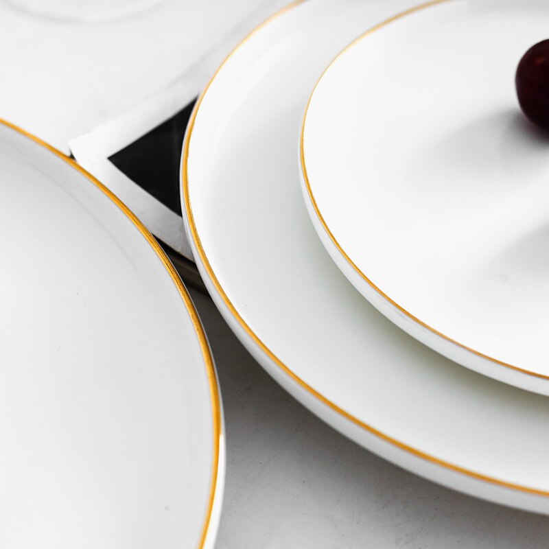 Assiette à dîner en porcelaine glaçure, assiette ronde nordique en céramique, bord en or massif, plateau à Dessert, gâteau de Steak occidental, collation