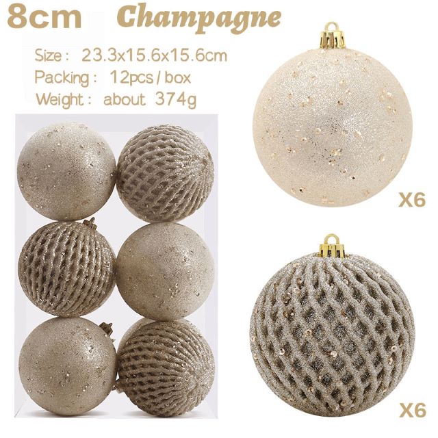 8cm/12pz impostato di palline di natale dipinte con paillettes luccichio oro argento decorazioni pendenti in plastica per la casa ornamento dell'albero di natale: Di Colore Giallo chiaro