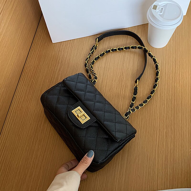 Pu läder diamant gitter mönster kvinnor messenger handväskor street casual solid hasp lila axelväskor bolsa mujer: Svart