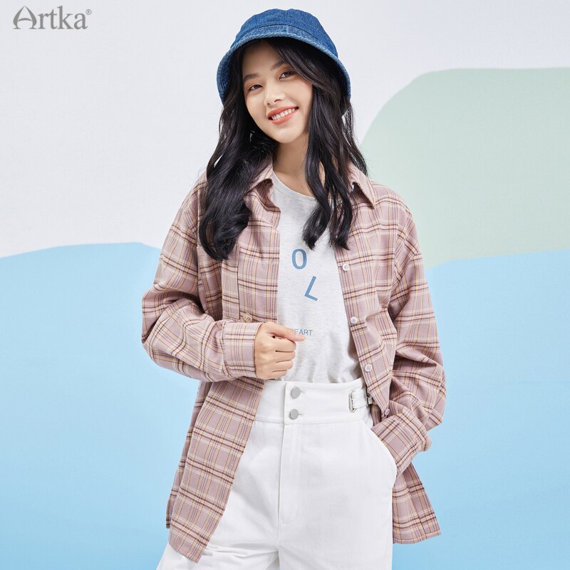 Artka Lente Vrouwen Blouse Casual Plaid Roze Shirts Losse Turn-Down Kraag Lange Mouw Bovenkleding SA25019C: L