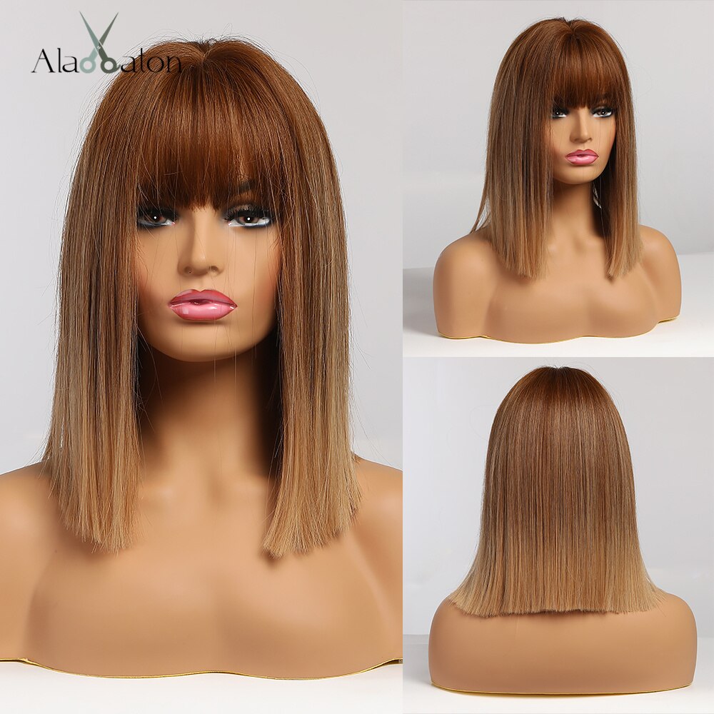 ALAN EATON Short Straight Ombre Black Brown Synthetic Wigs with Bangs for Women Bob Wig Heat Resistant Lolita Cosplay wig 12inc: ss152-2