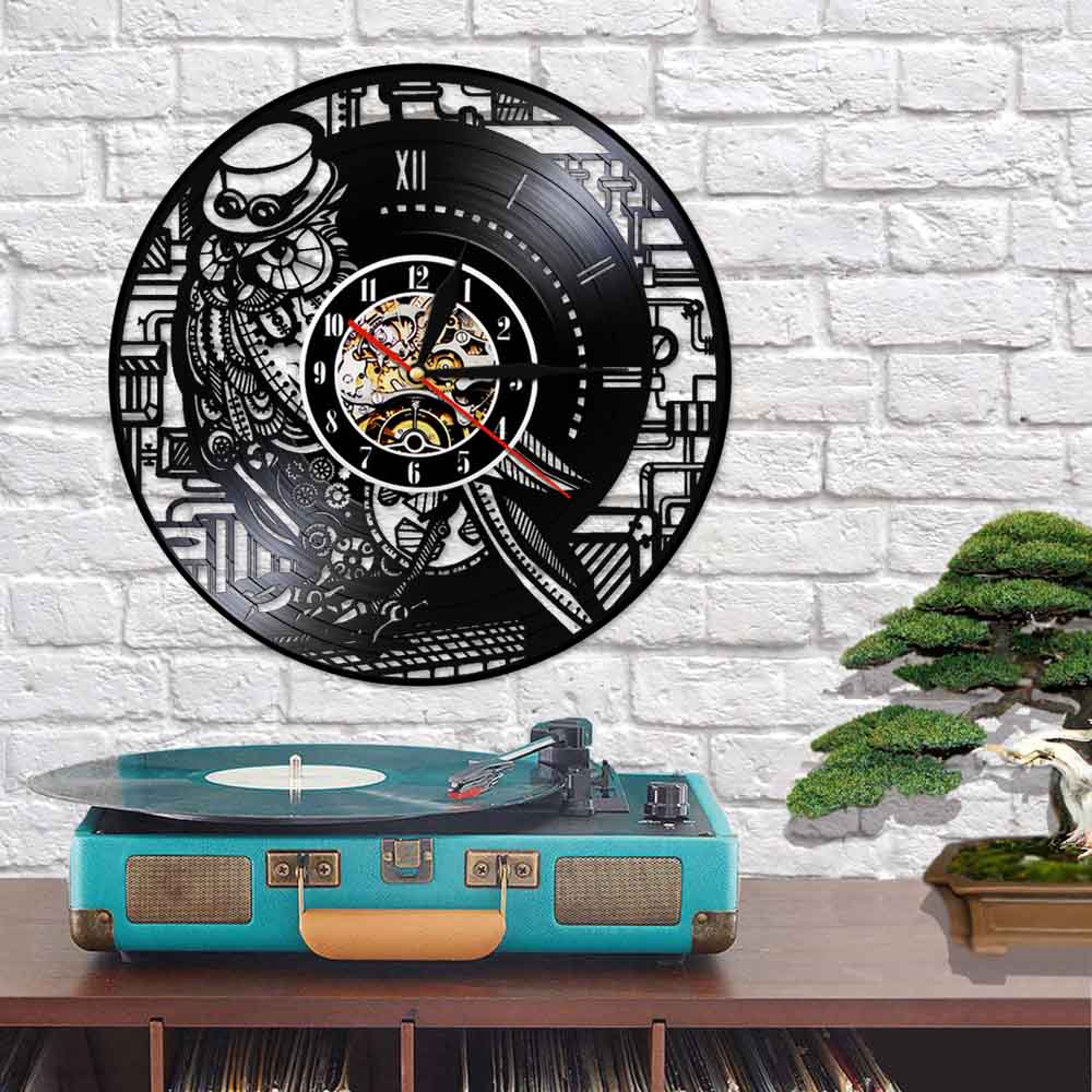 Steampunk ugle vinyl rekord led let væg ur ornamenter ur gear og tandhjul væg ur lavet af ægte vinyl plade