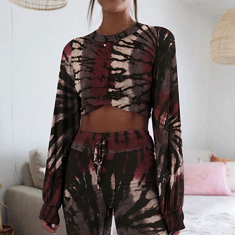 Tie-dye dames sportkleding lange mouwen kink top blote navel hoge taille broek tweedelige pakken dames herfst