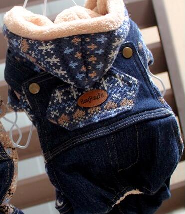 Sällskapsdjur kläder för hund djur nyaste denim rutnät yorkshire chihuahua vinter varm tjock kostym övergripande för valp katt varor: Blå / 3l