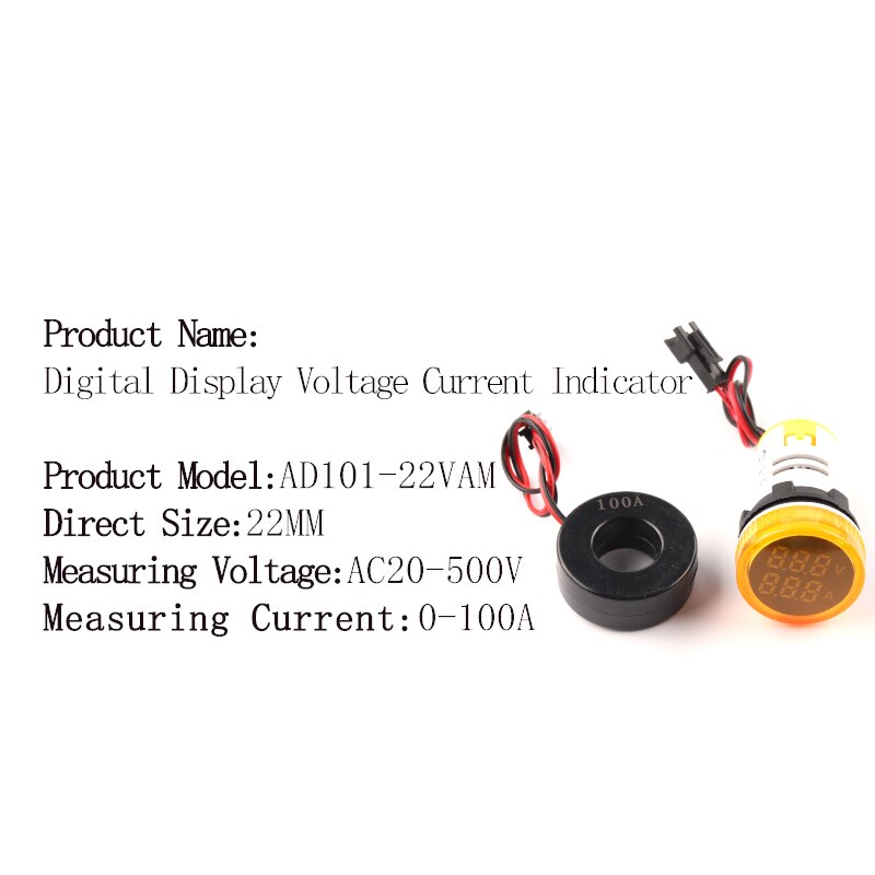 22mm okrągły kwadrat podwójna lampa doprowadziło wskaźnik pilot LightDigital woltomierz amperomierz 0-100A wzmacniacz napięcie wolt miernik testowy AC 20-500V: VAM okrągły  żółty