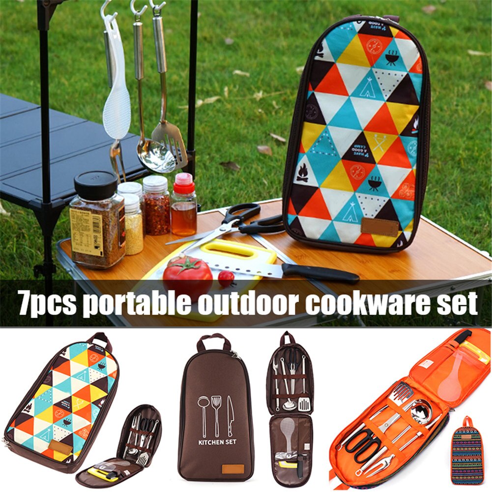 7pcs/set Camping Kitchenware Set Barbecue Tool Set Portable Cookware Barbecue Kit for Outdoor Travel Camping AC889
