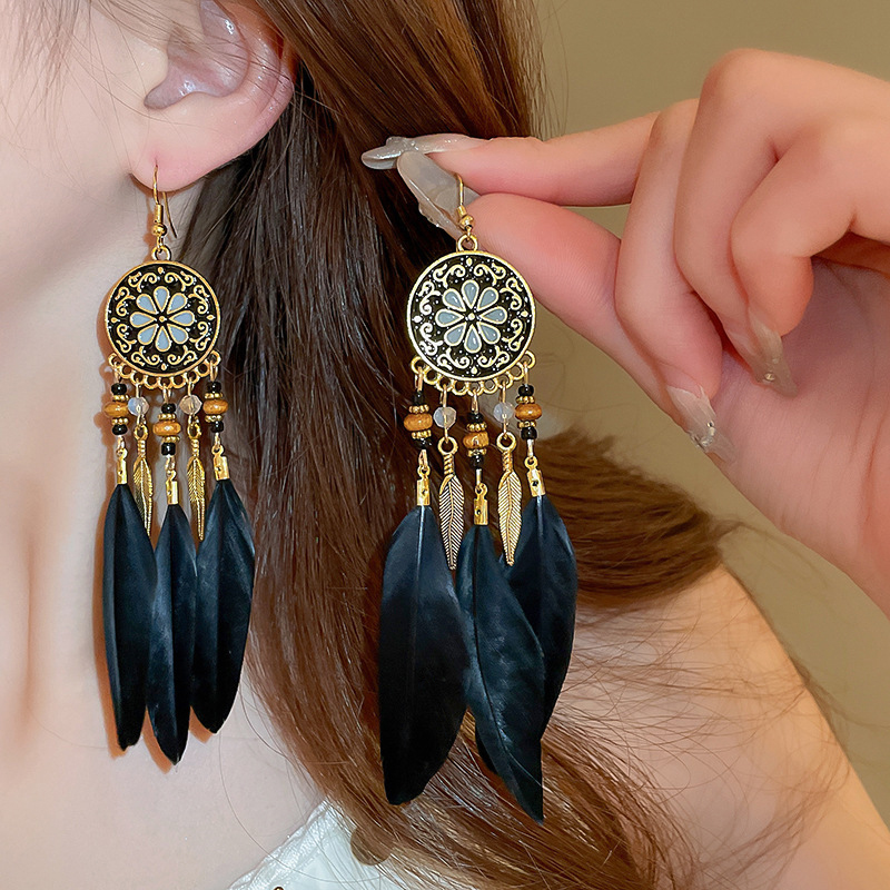 Pendientes bohemios largos de plumas colgantes para Mujer, Pendientes largos de playa con borlas, Pendientes esmaltados de flores hechos a mano, Pendientes de boda para novia para Mujer