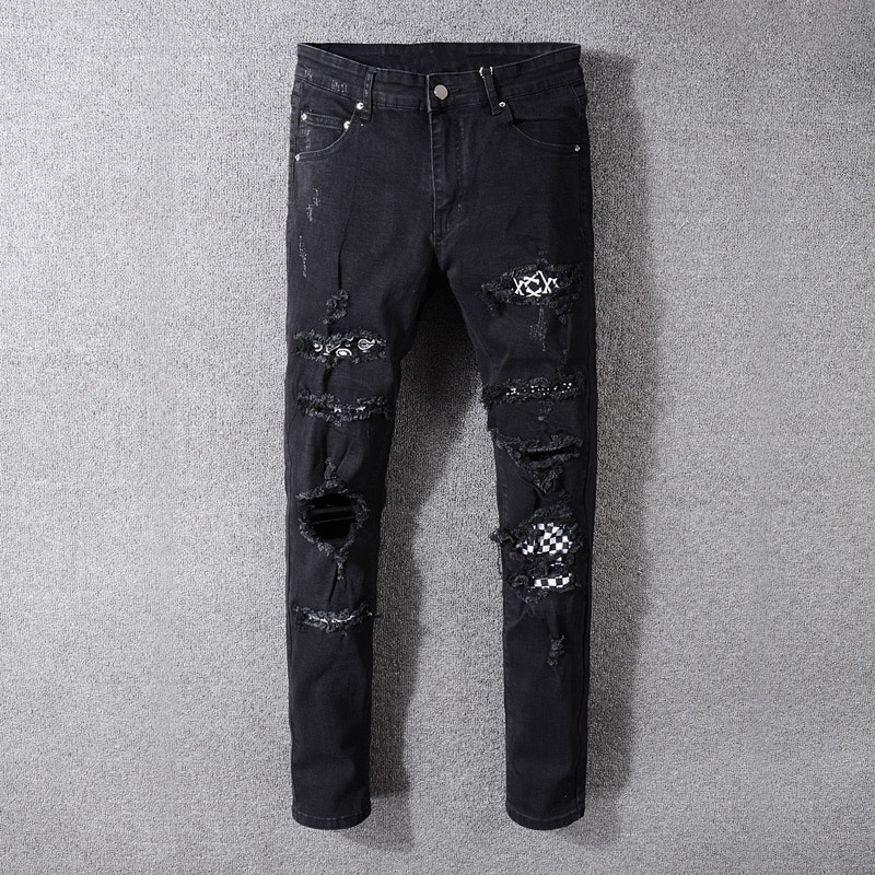 High Street Men's Jeans Black Color Destroyed Hip Hop Jeans Men Broken Punk Pants Patch Skinny Ripped Jeans For Men