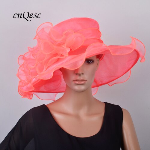 Lime green Wide brim Crystal organza hats church for kentucky derby wedding women's hat races: CORAL PINK