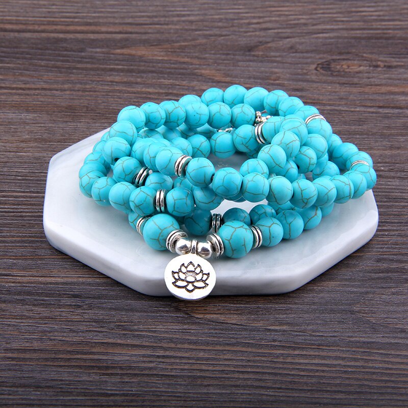 Hohe Quatity Natürliche Türkisen Verkrustete Stein Charme OM Armband Frauen Männer 108 Mala Yoga lotus Schmuck Halskette Pulseras