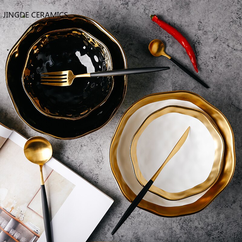 Nordic Ceramic Bowl White Black Gold Side Bowl Household Large Personality Xin Ramen Udon Noodles Korean Bibimbap Salad Bowl