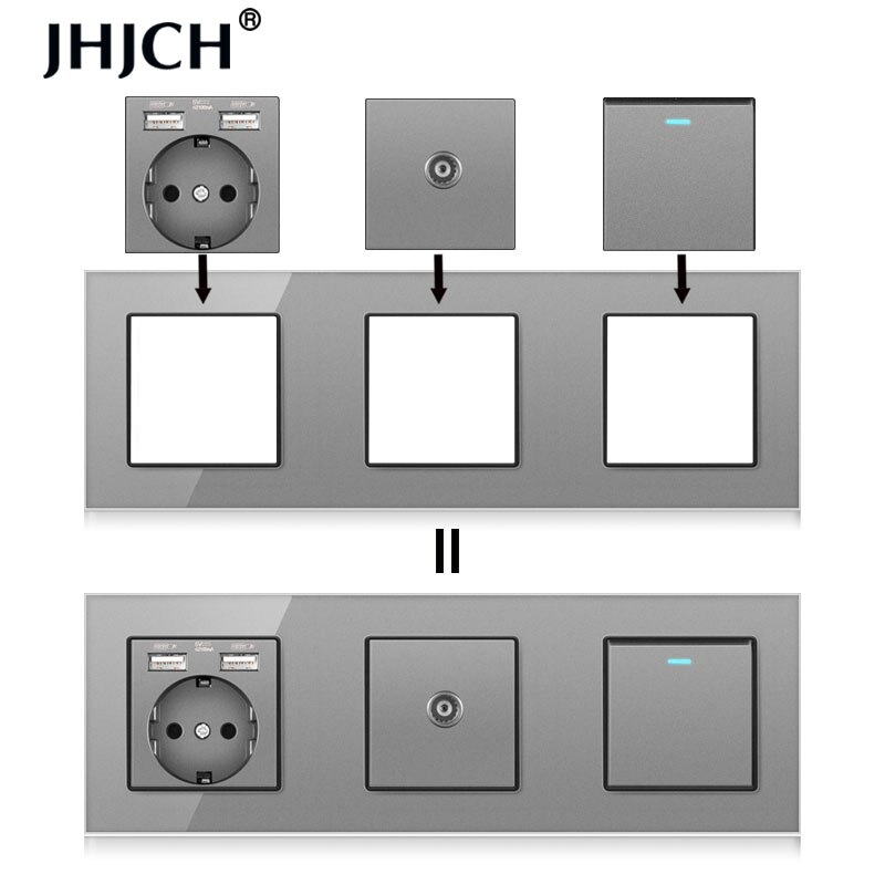 jhjch wall-mounted module diy European standard gray crystal glass panel power socket switch button function free combination