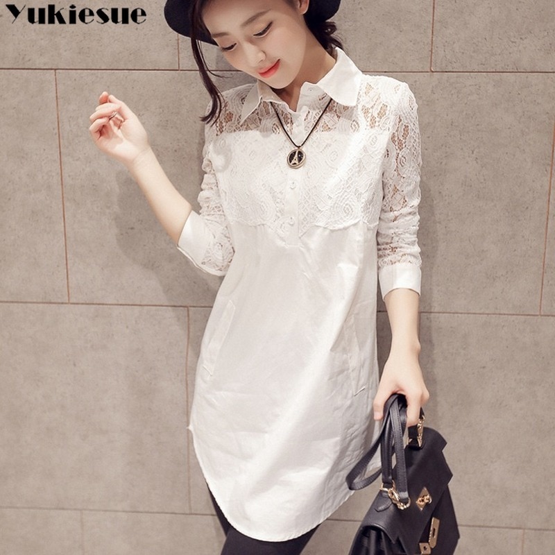 Camisas holgadas informales para mujer, blusa de talla grande a la , Blusa de manga larga con botones de encaje, Tops blancos para mujer, ropa de calle