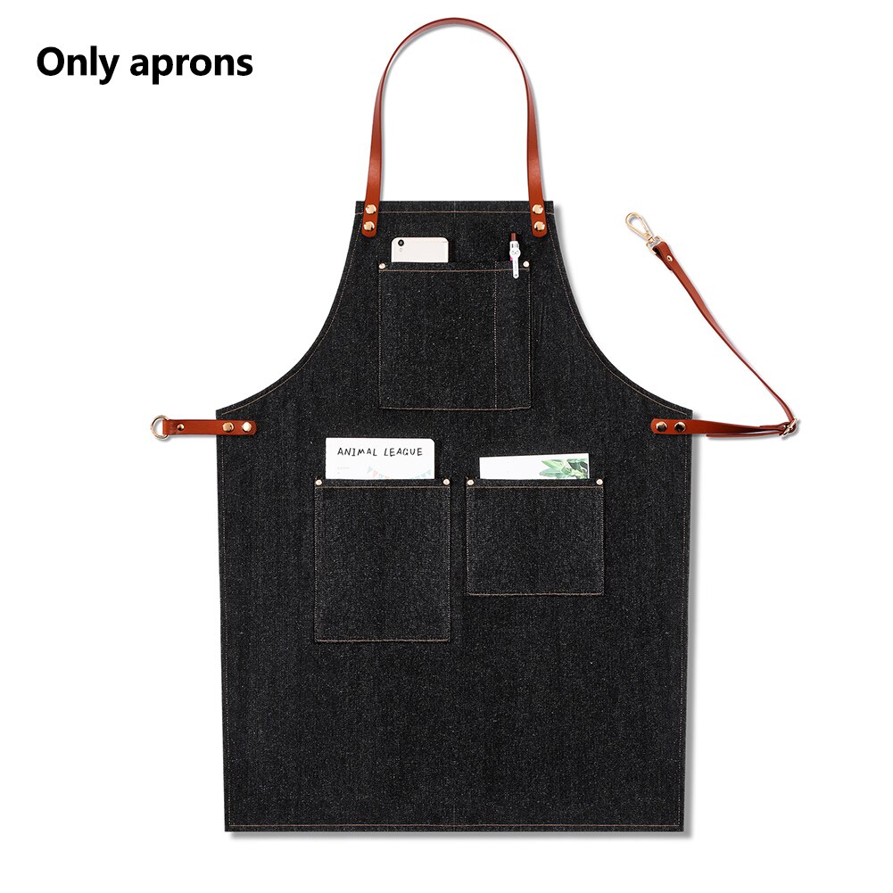 Work Bartender Leather Strap Removable Barista Chef Bib Apron Multi Pocket Casual Denim Uniform Adjustable Baker BBQ