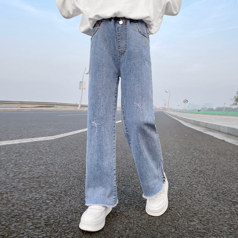 Pantalones vaqueros elásticos de pierna ancha para niño, niña adolescente de 5, 6, 8, 10, 12 y 14 años, primavera y otoño, 2022