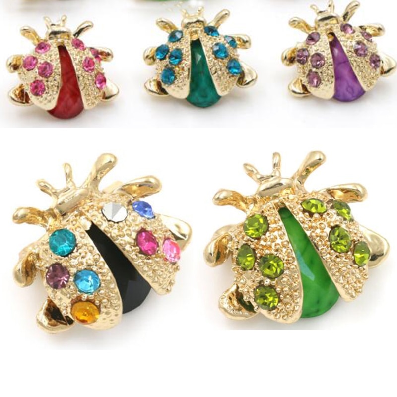 WKOUD 1Pcs Small Ladybird Colorful Crystal Rhinestones Brooch Pins For Women Or Girls